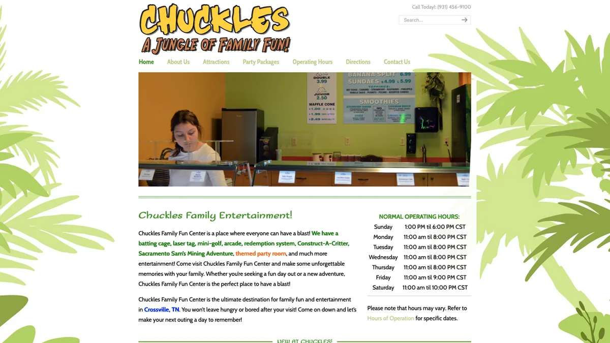 Chuckles Family Fun Center homepage preview