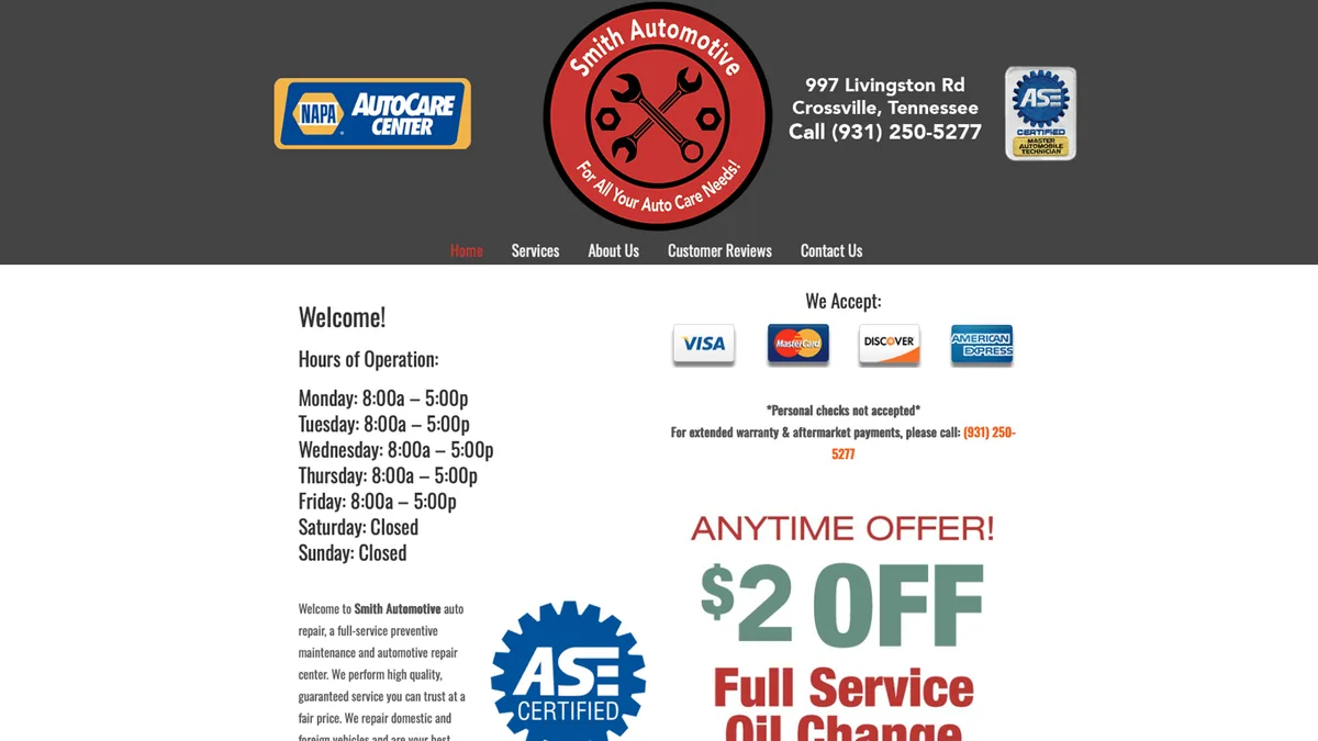 Smith Auto Repairs homepage preview